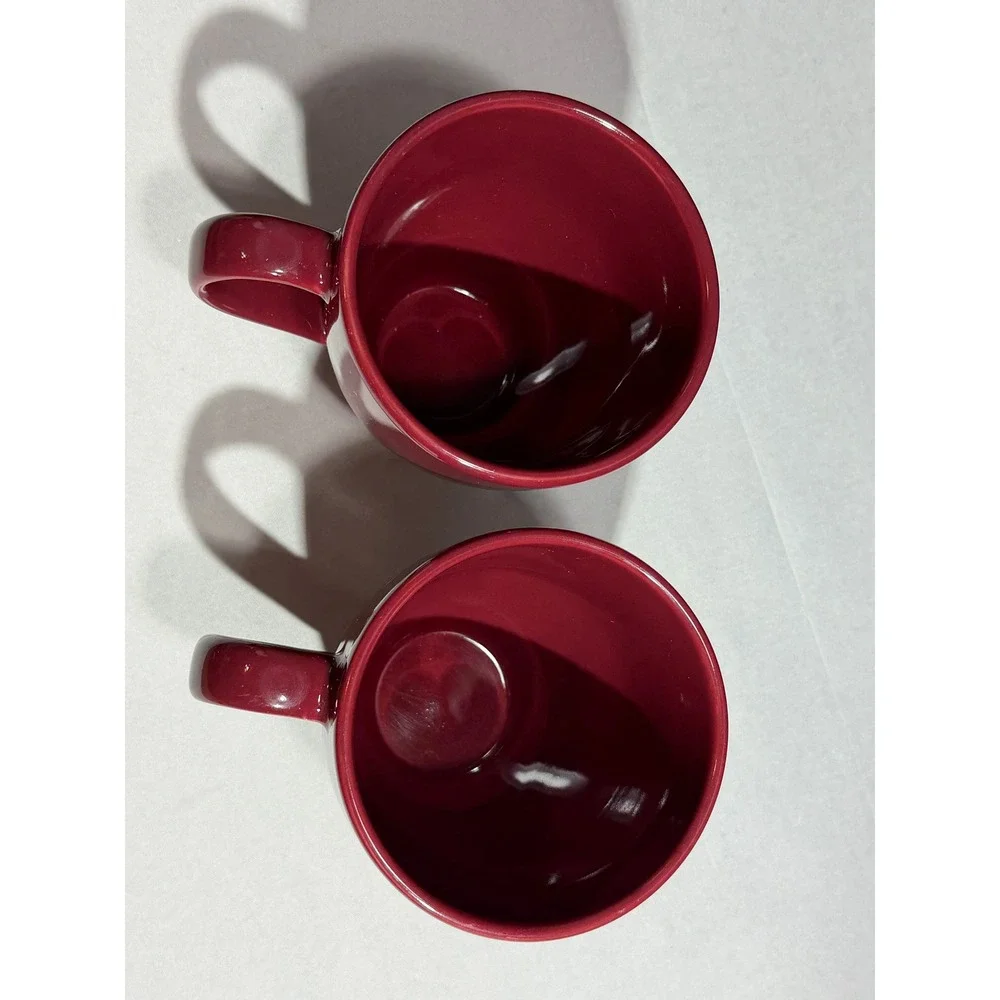 Pier 1 Red Floral Embossed Stoneware Coffee Mugs Set of 2 Deep Red Burgundy